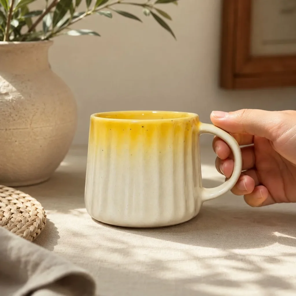 Ribbed Caramel Ombré Glaze Mug styled in a home setting