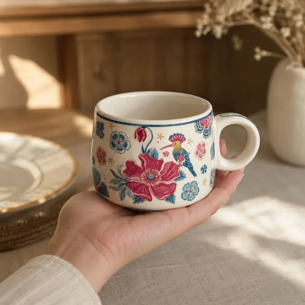 Pink & Green Floral Bird & Deer Print Ceramic Cup styled in a home setting