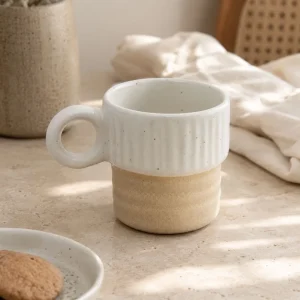 The Plush Republic Ribbed Speckled Ceramic Mug (White & Sand) | Handmade Stoneware Coffee Cup