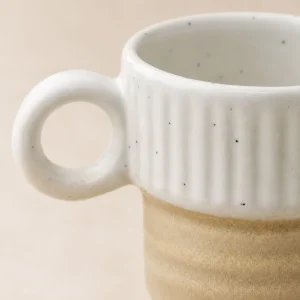 The Plush Republic Ribbed Speckled Ceramic Mug (White & Sand) | Handmade Stoneware Coffee Cup