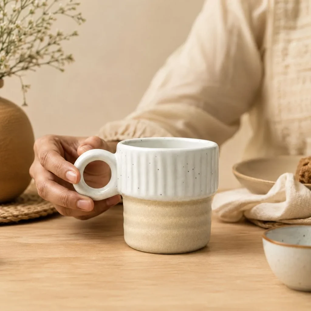 Ribbed Speckled Ceramic Mug (White & Sand) additional product view