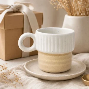 The Plush Republic Ribbed Speckled Ceramic Mug (White & Sand) | Handmade Stoneware Coffee Cup