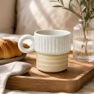 The Plush Republic Ribbed Speckled Ceramic Mug (White & Sand) | Handmade Stoneware Coffee Cup