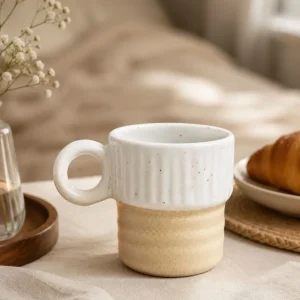 The Plush Republic Ribbed Speckled Ceramic Mug (White & Sand) | Handmade Stoneware Coffee Cup