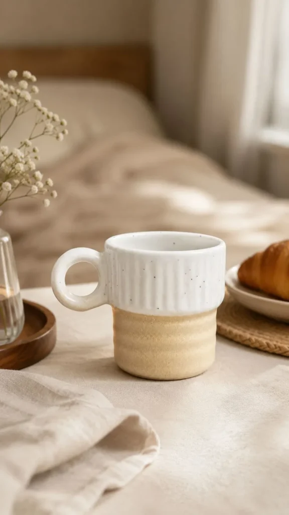 Ribbed Speckled Ceramic Mug (White & Sand) styled in a home setting
