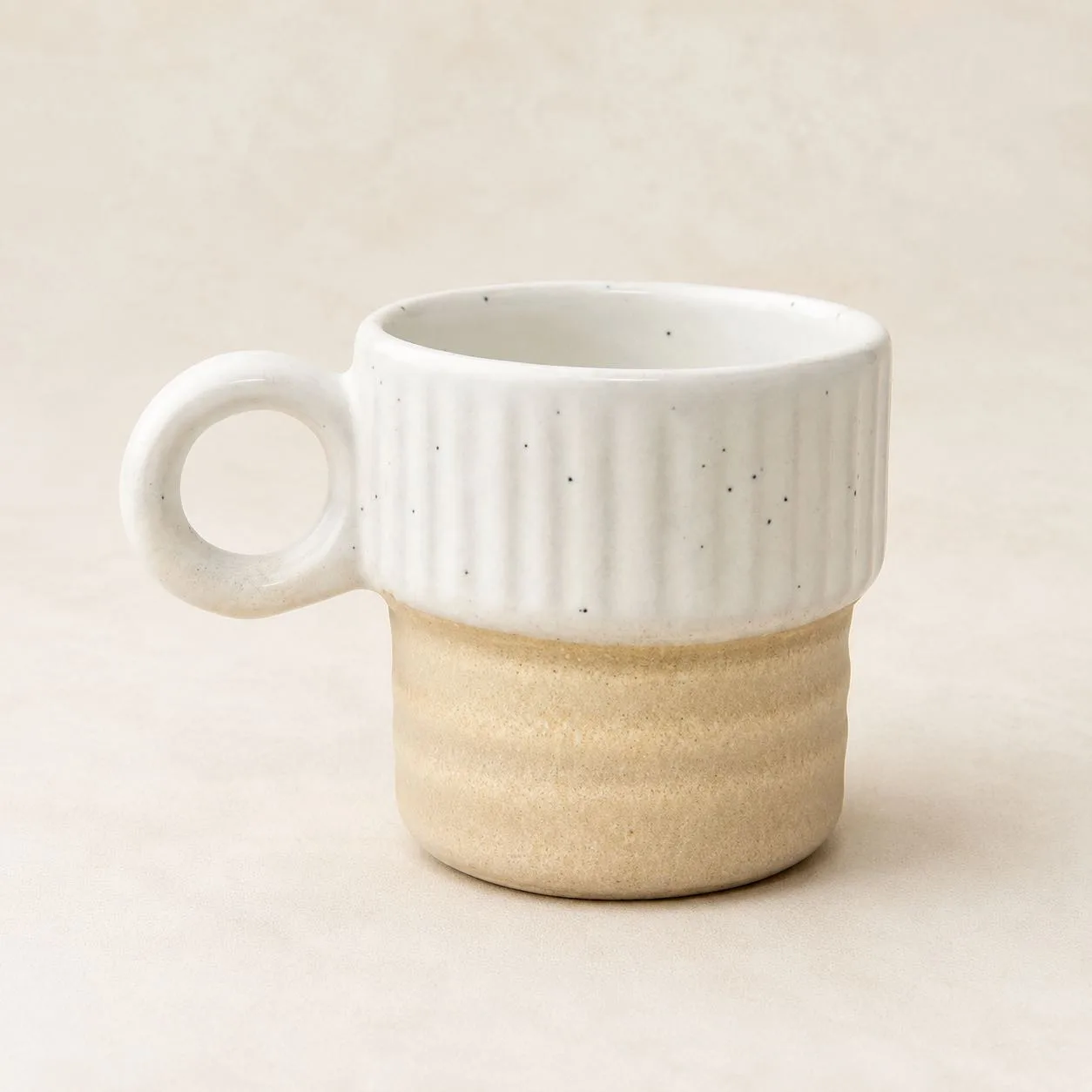 The Plush Republic Ribbed Speckled Ceramic Mug (White & Sand) | Handmade Stoneware Coffee Cup