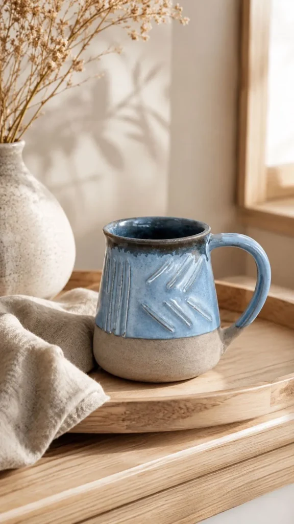 Sky blue brick-textured ceramic mug styled by a window