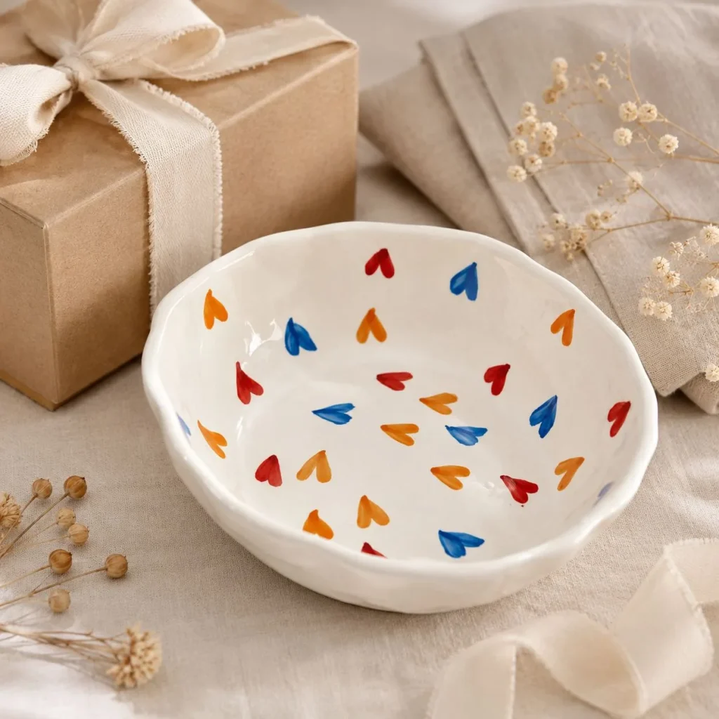White Heart Confetti Ceramic Bowl (Multicolor Speckle) styled in a home setting