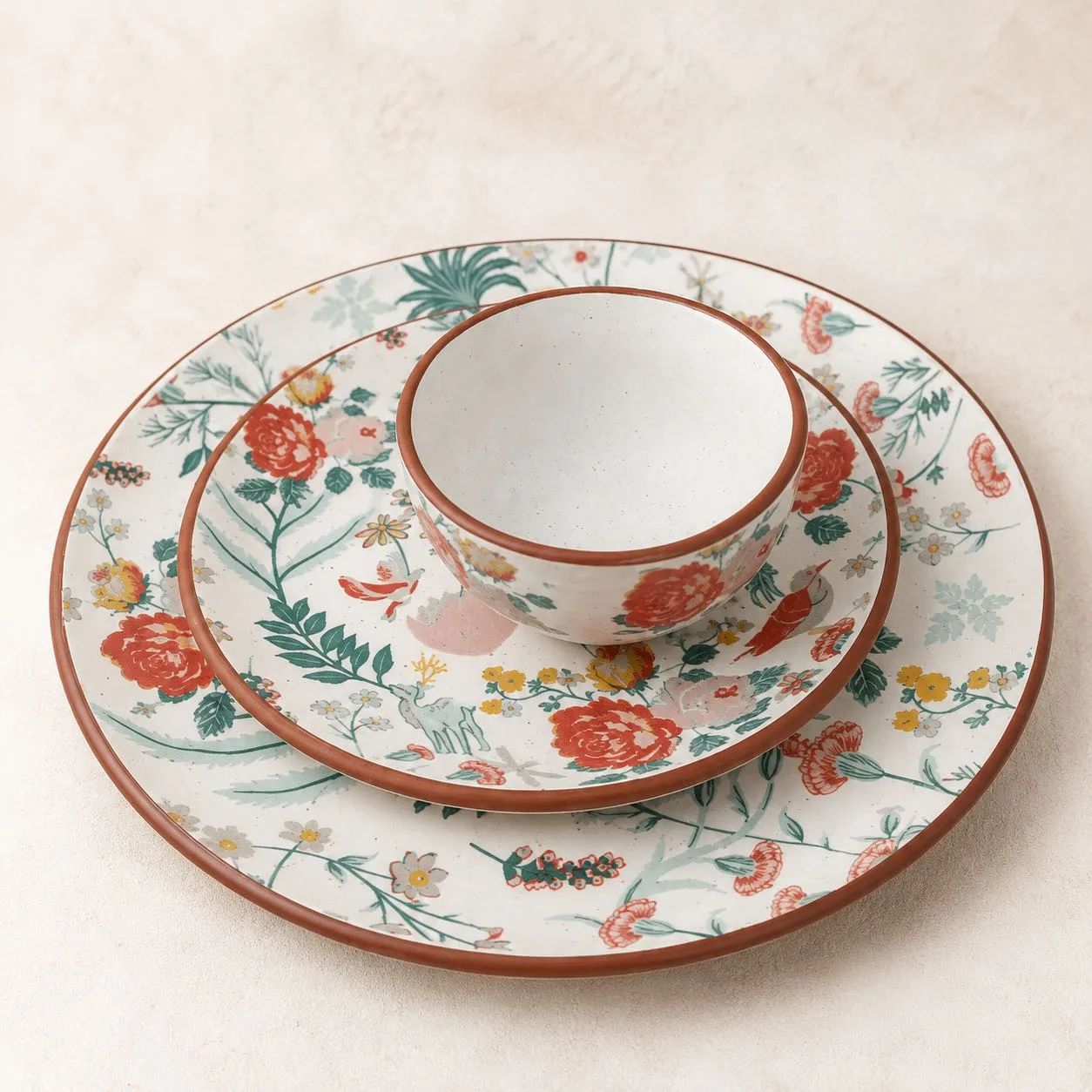 The Plush Republic Woodland Floral Terracotta Rim Dinnerware Set