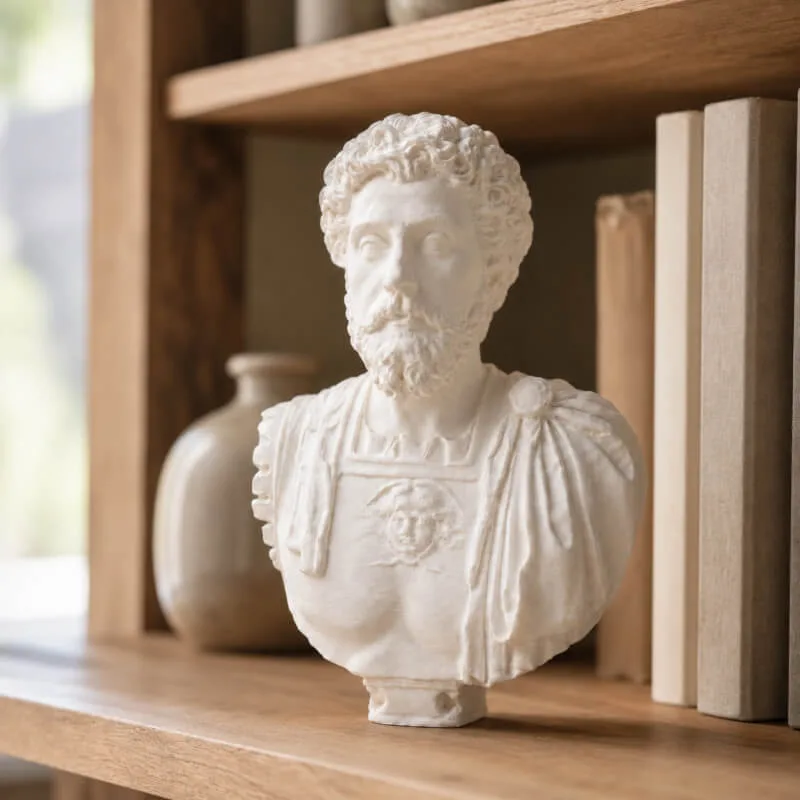 Marcus Aurelius statue packaging, wrapped in recycled paper with a care card