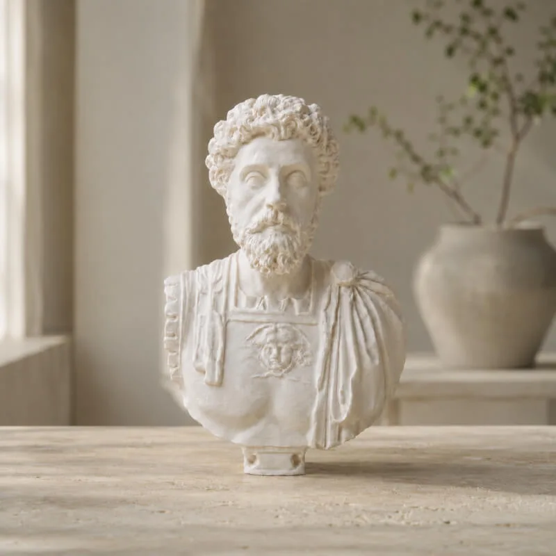 Marcus Aurelius statue styled among books and decor on a home bookshelf