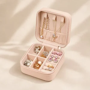 Pink PU Leather Jewelry Box – Compact Travel Organizer for Women product photo