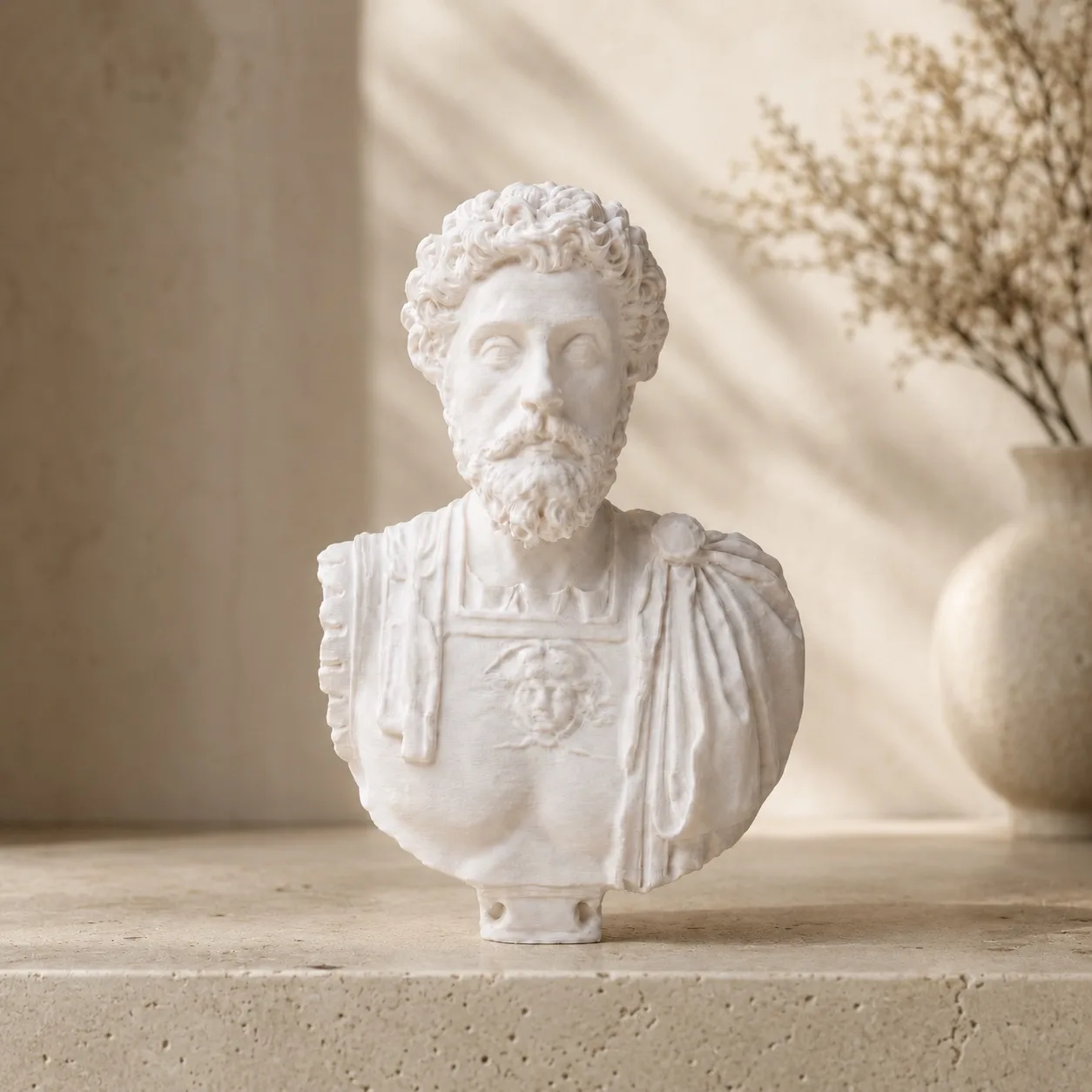 Marcus Aurelius statue for home decor, matte Roman emperor bust displayed on a shelf